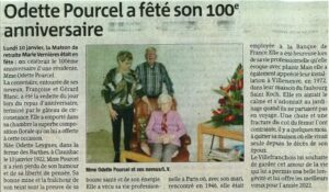 Les 100 ans de Mme POURCEL Odette le 10-01-2022